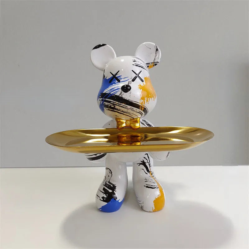 Home decor sculpture of a bear with tray for table accents