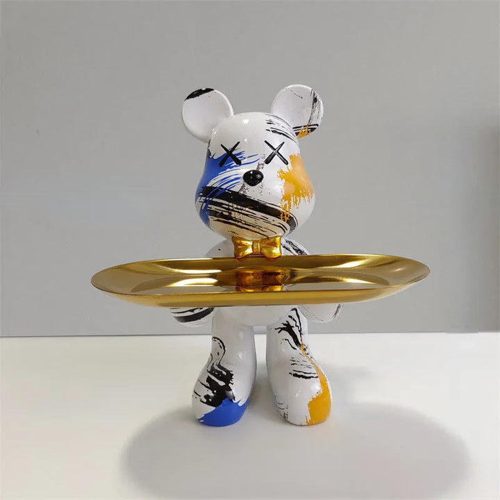 Home decor sculpture of a bear with tray for table accents