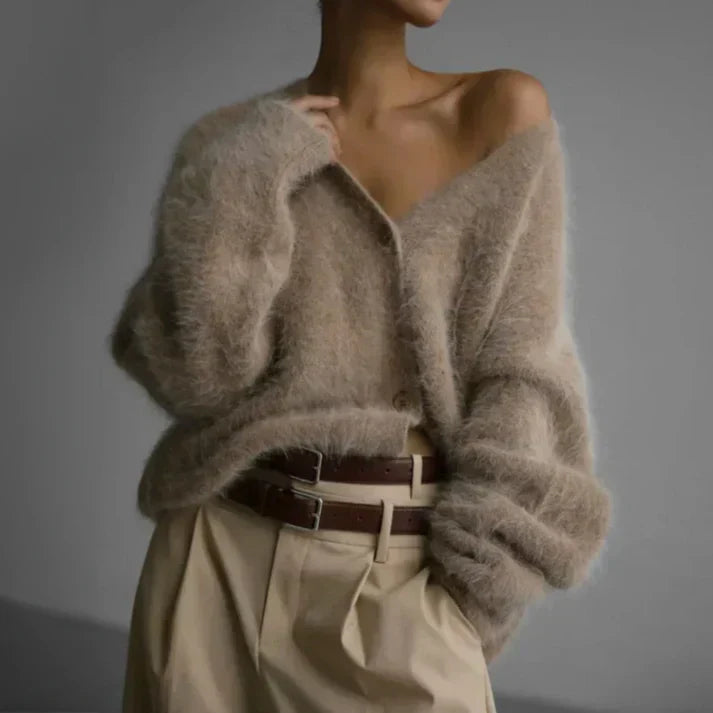 Back view of a comfortable women's cardigan sweater for everyday casual wear
