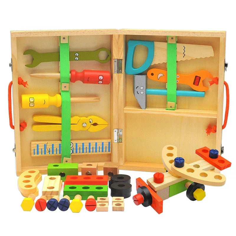 Natural wooden toy tool kit neatly arranged inside a sturdy wooden toolbox