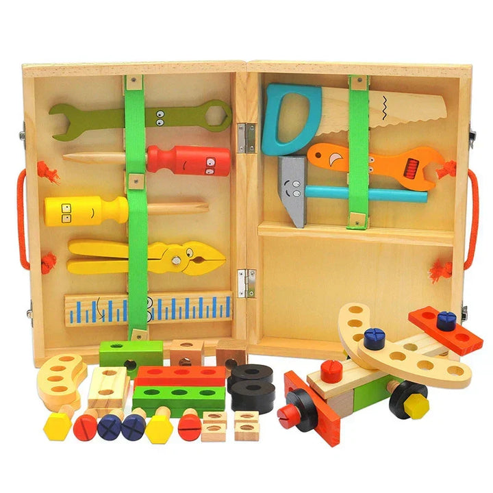 Natural wooden toy tool kit neatly arranged inside a sturdy wooden toolbox