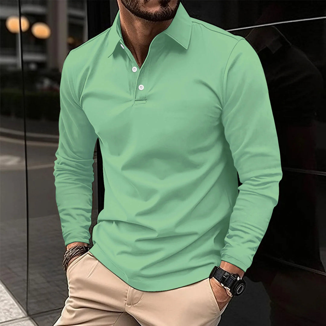 Back view of a men's casual long-sleeved polo shirt showcasing the fit