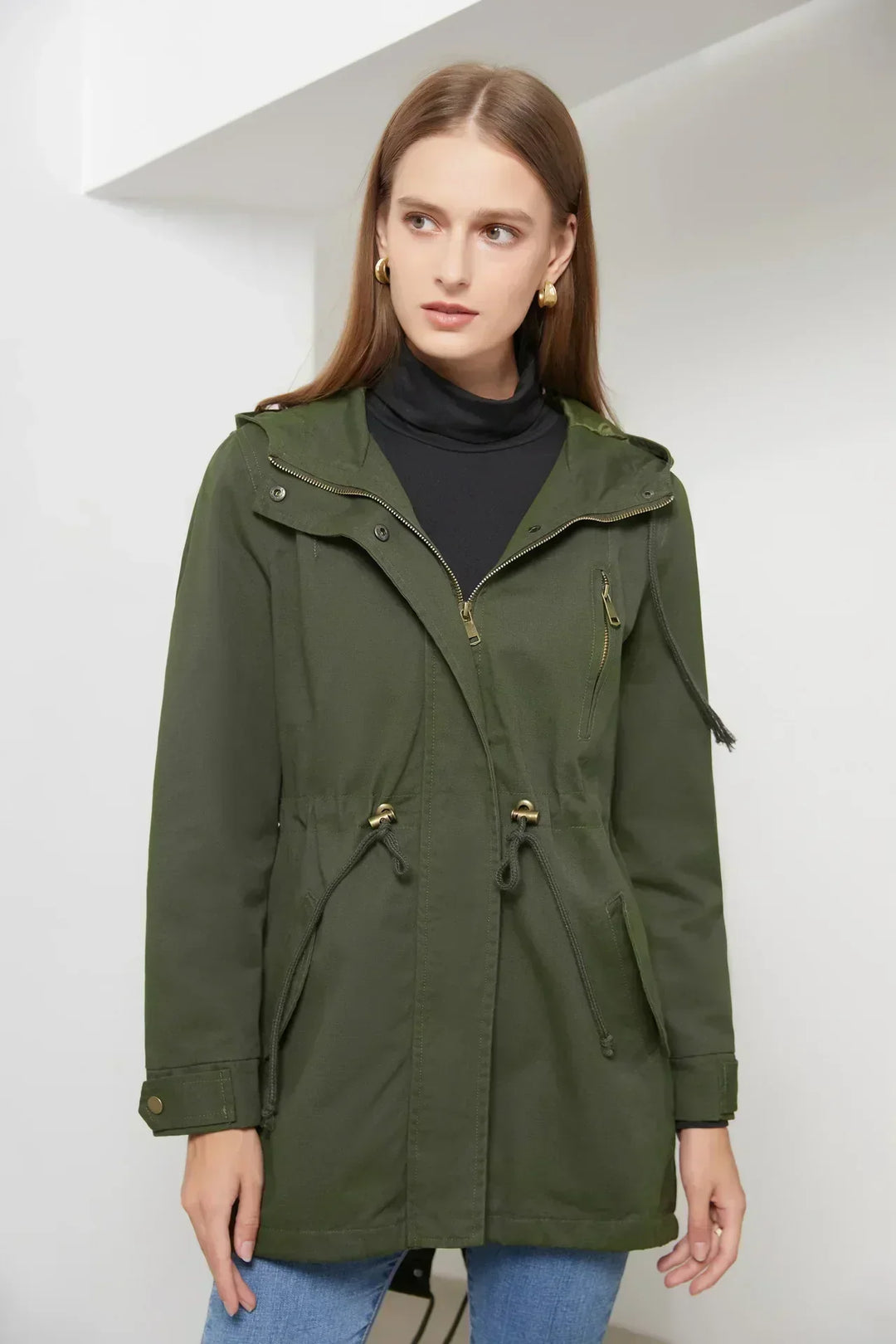 Back view of fall outerwear coat with hood and casual fit
