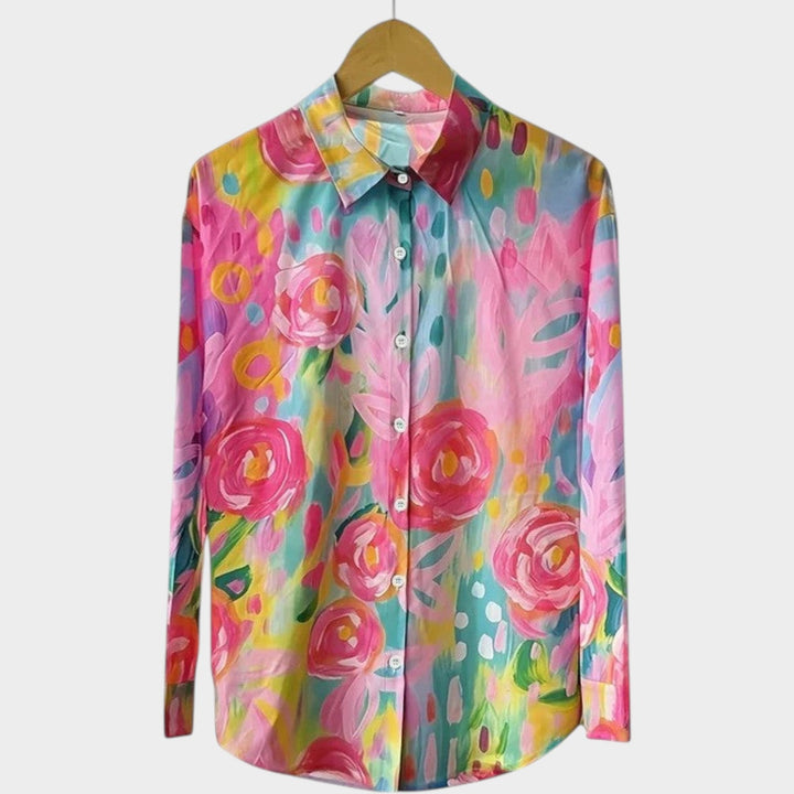 Flat lay of floral button-up blouse styled for casual womens fashion