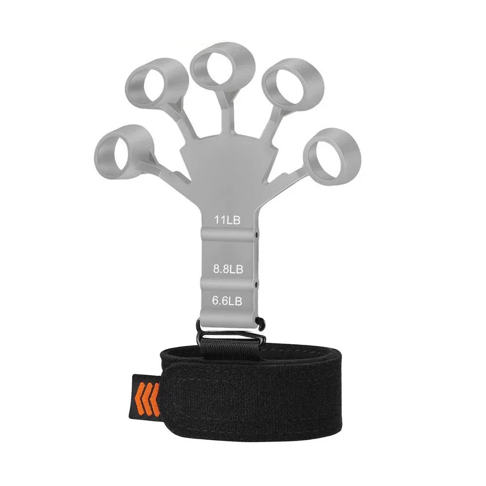 Adjustable hand grip strengthener and finger exerciser in black and gray