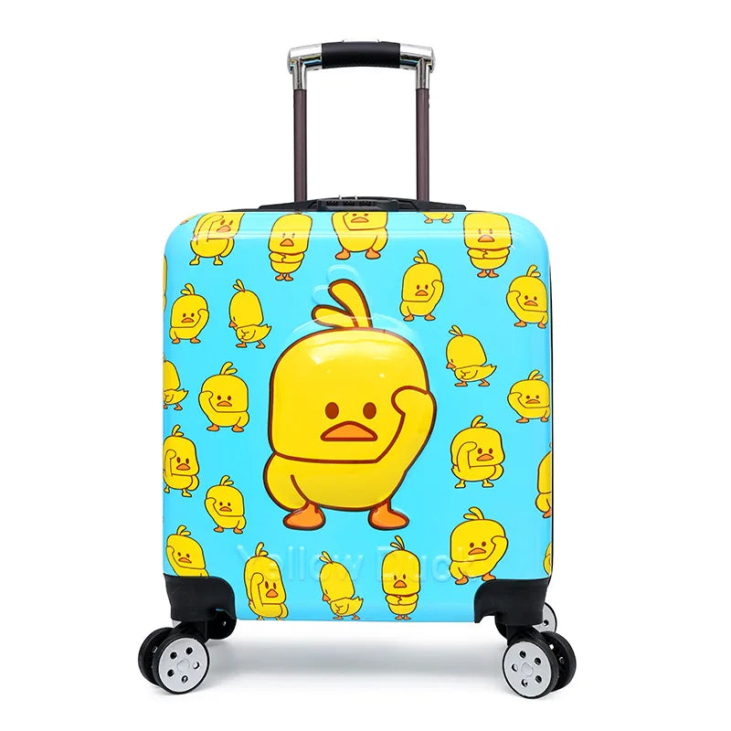 Blue duckling patterned kids rolling suitcase with sturdy telescopic handle and smooth spinner wheels.