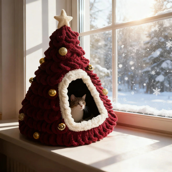 Front view of holiday cat cave bed designed like a decorated Christmas tree