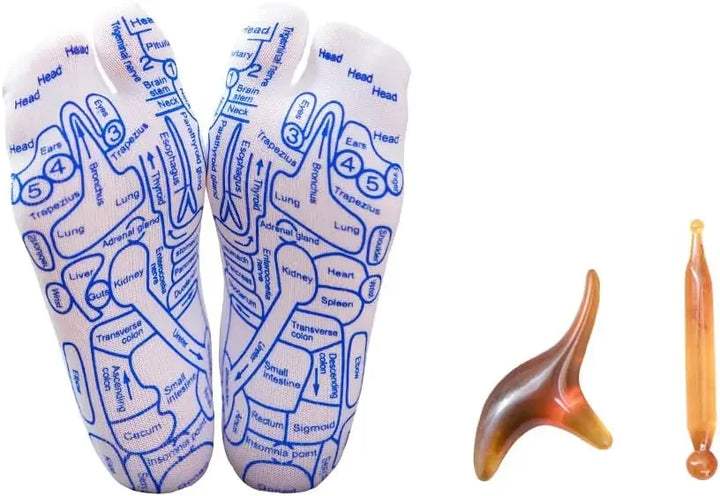 Close-up of reflexology socks featuring printed pressure point foot charts