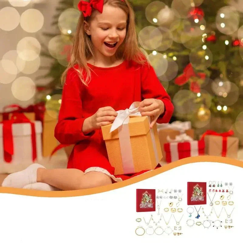 Young girl smiling while opening a wrapped holiday gift box next to advent calendar