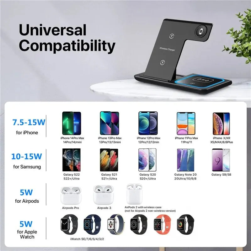 Angle view of 3-in-1 charging station acting as a neat desktop organizer