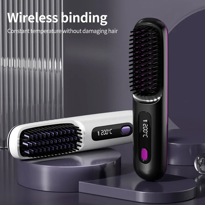 Black and white cordless hair straightener brushes displayed on podiums
