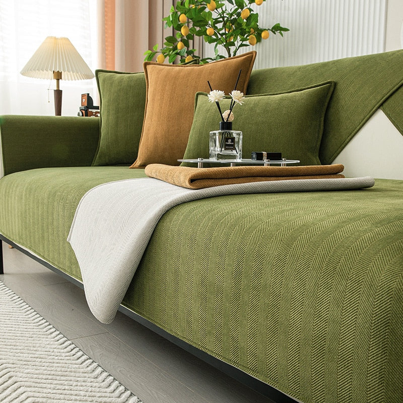 Close-up view of soft chenille furniture protector fabric texture and weave