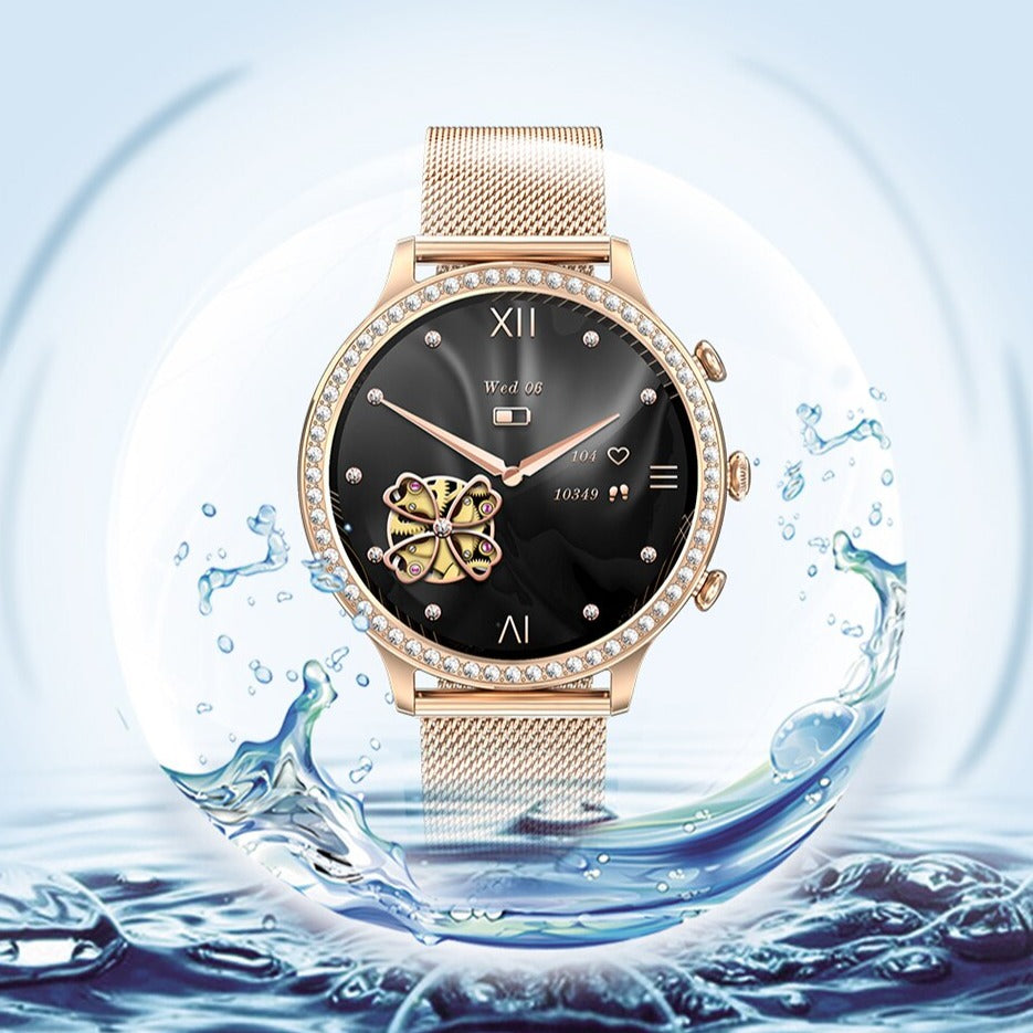 Luxury health smartwatch paired with a smartphone displaying fitness data