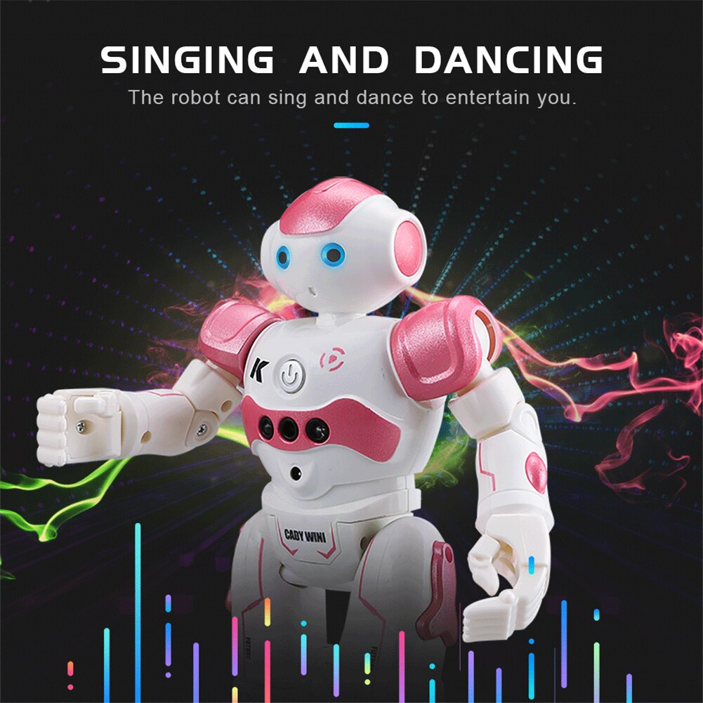Pink smart interactive robot toy performing dance movements with music bars