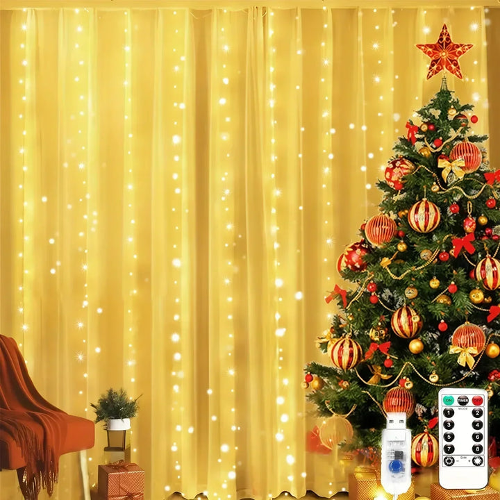 Festive USB LED curtain lights decorating a holiday room next to a Christmas tree