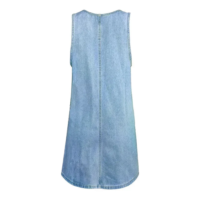 Light blue denim summer dress back view showing casual sleeveless design