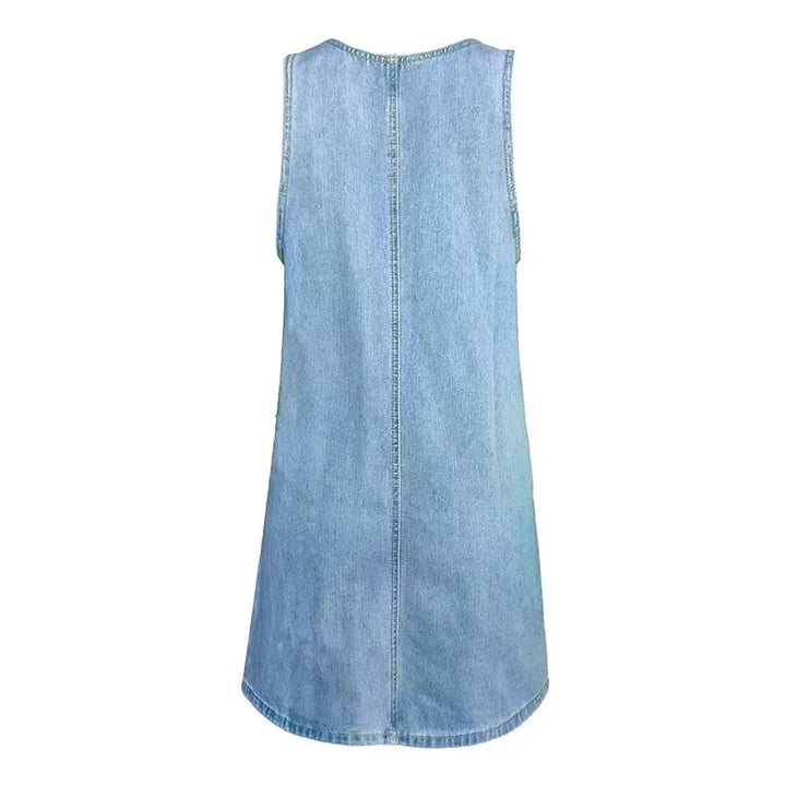 Light blue denim summer dress back view showing casual sleeveless design