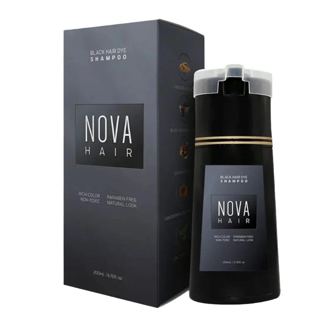 Black instant hair dye shampoo bottle next to its retail box packaging