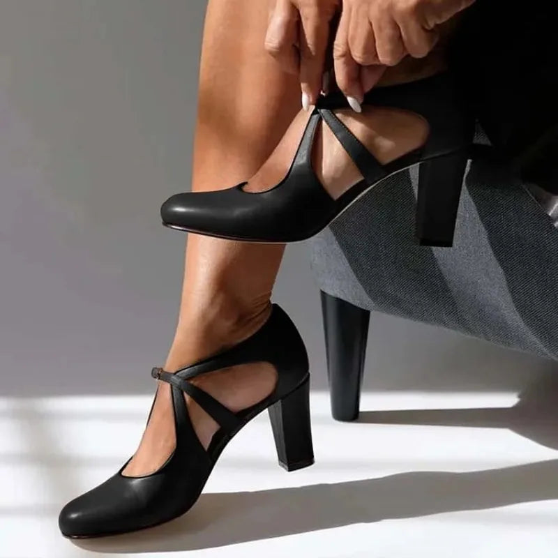 Black women's elegant orthopedic high heels styled on foot