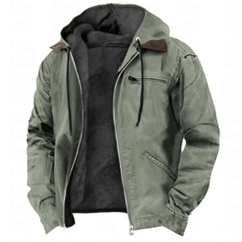 Close up of zip pocket detail on mens fleece lined hooded jacket for cold weather