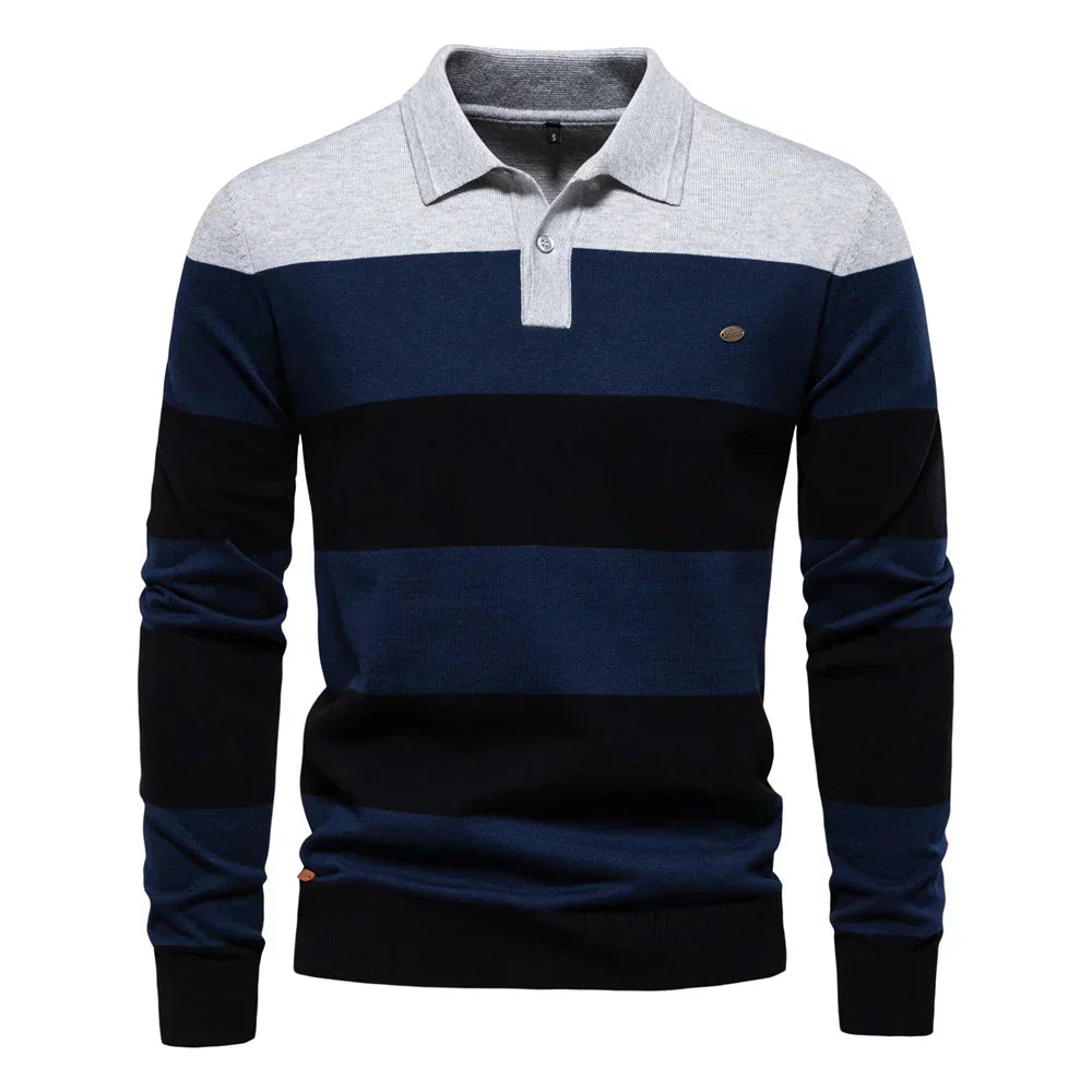 Theo | Men’s Striped Knit Long Sleeve Polo Sweater