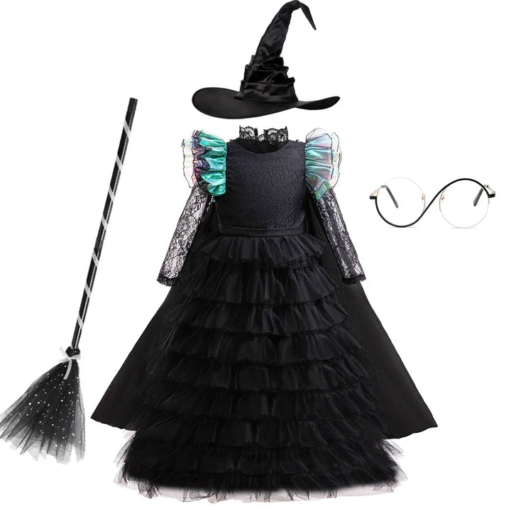 Witch costume set including dress, pointed hat, toy broom, and round glasses