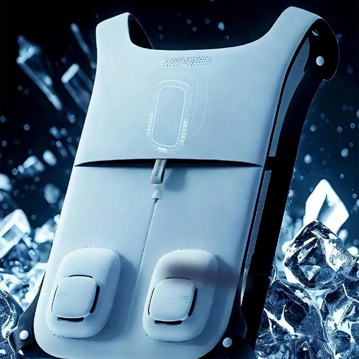 Close-up of the USB powered cooling mechanism on the waterproof summer heat relief vest