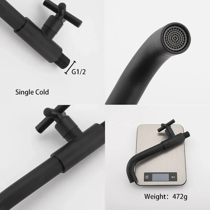 Side profile of modern wall faucet basin mixer in stainless steel