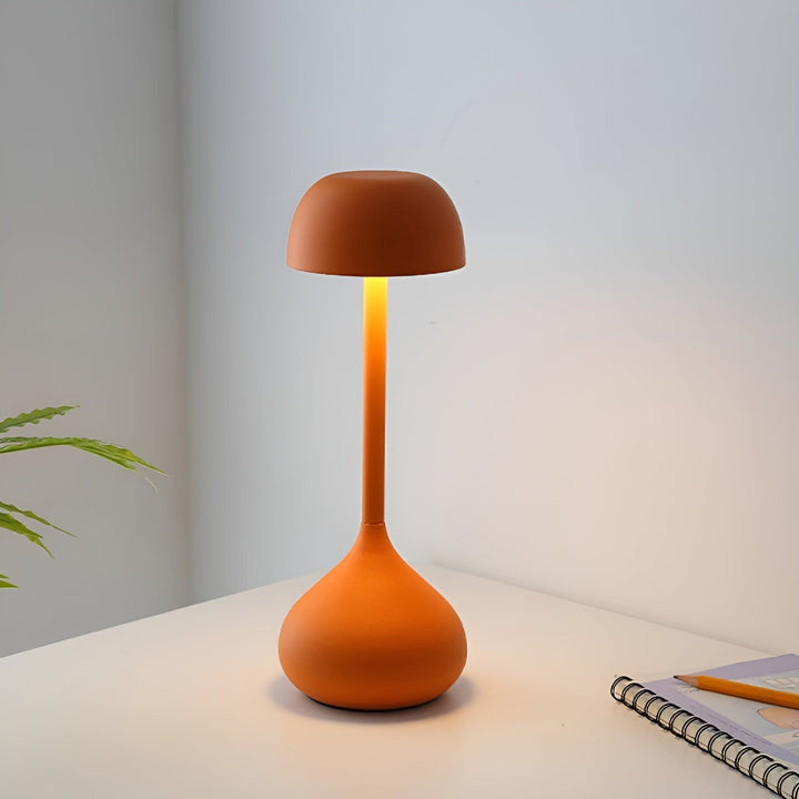 Portable cordless mushroom lamp displayed as stylish minimalist home decor