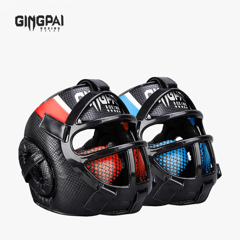 Red and blue martial arts head guards with integrated face masks displayed side by side