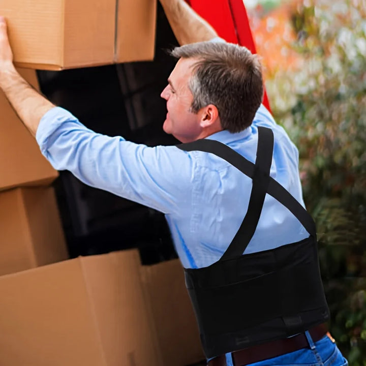Back support work gear featuring reinforced lumbar padding and shoulder straps