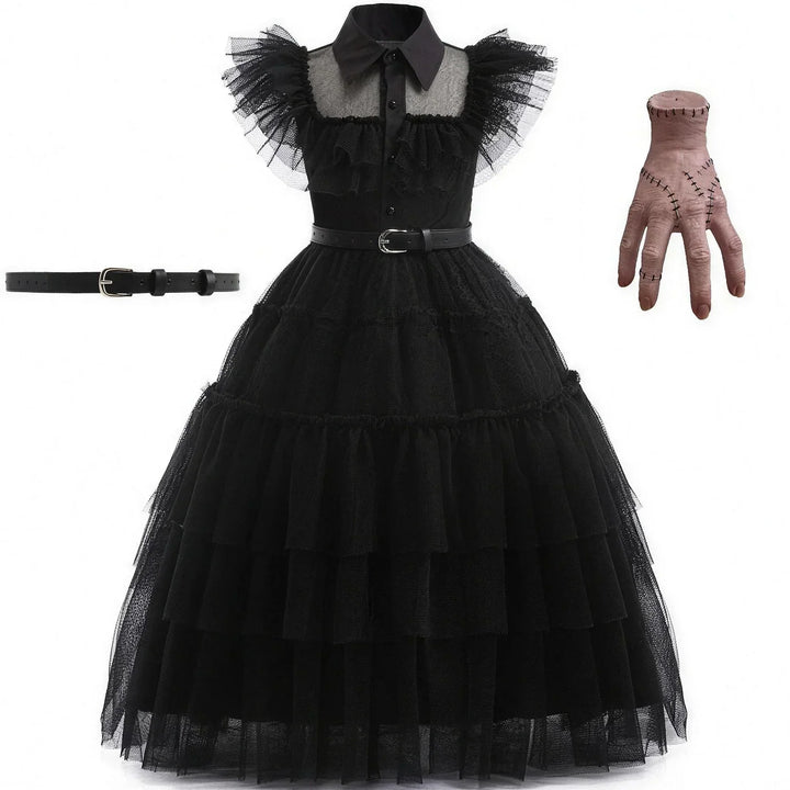Girls gothic fancy dress in black with tiered skirt design