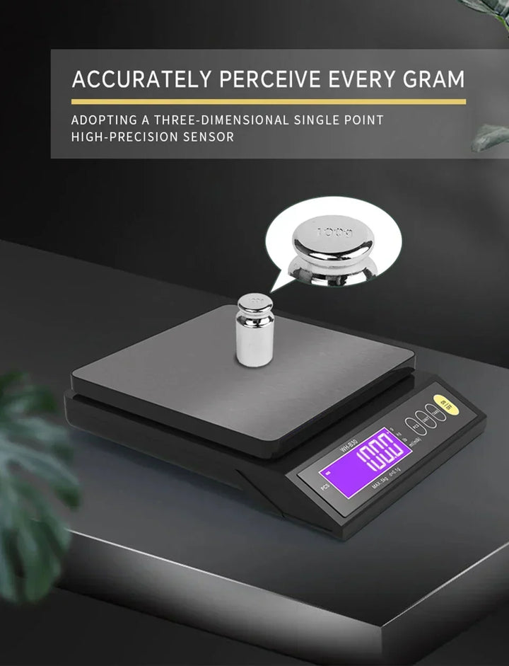 Stainless steel food scale measuring coffee beans for brewing