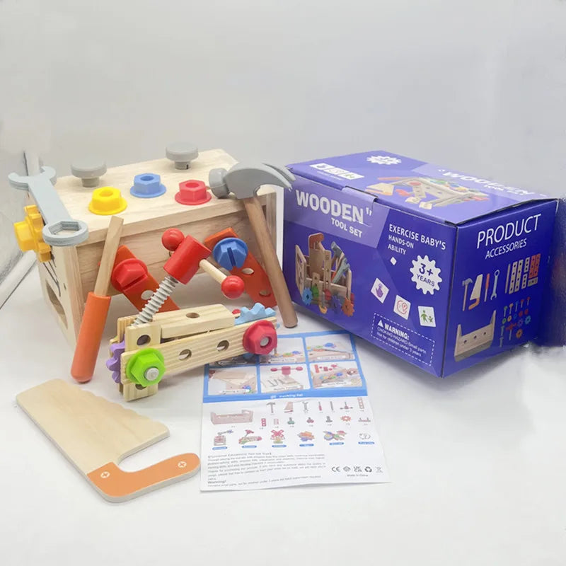 Child-safe wooden toolbox with educational toy tools for early learning