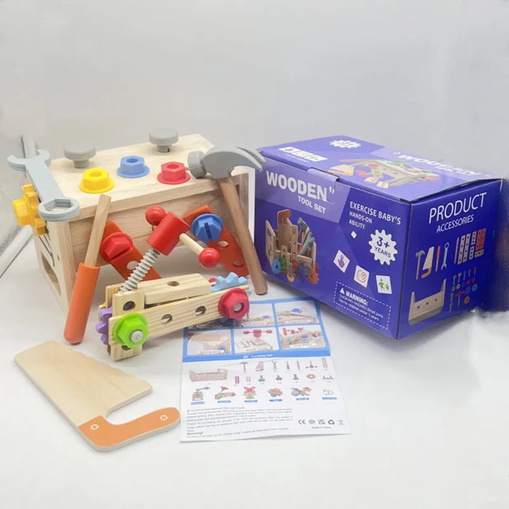 Child-safe wooden toolbox with educational toy tools for early learning