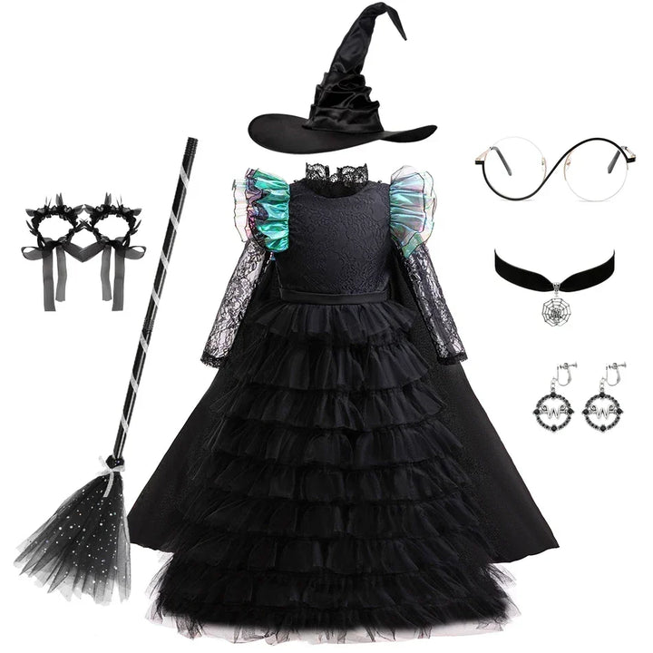 Full deluxe witch costume bundle with dress, hat, accessories, and wig