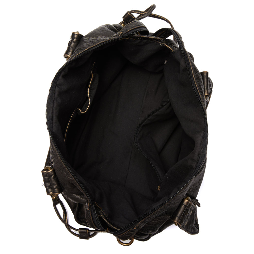 Classic black handbag accessory featuring sturdy straps