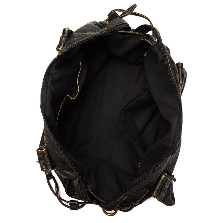 Classic black handbag accessory featuring sturdy straps