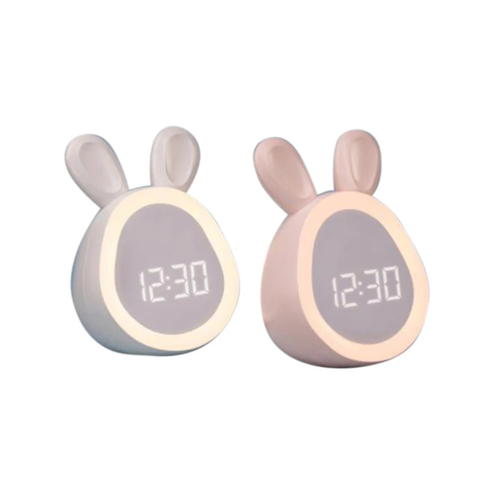Close up of the LED display on the pink bunny clock for bedtime routine