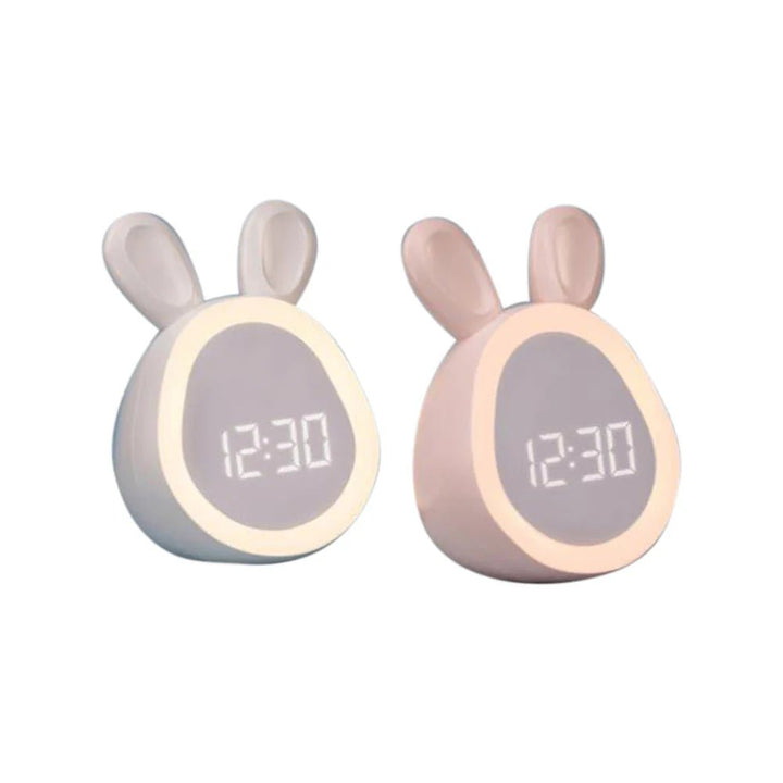 Close up of the LED display on the pink bunny clock for bedtime routine