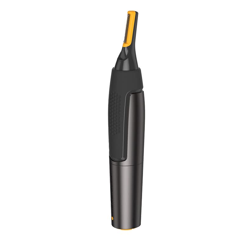 Front view of the sleek black precision trimmer showing the slim head and textured handle.