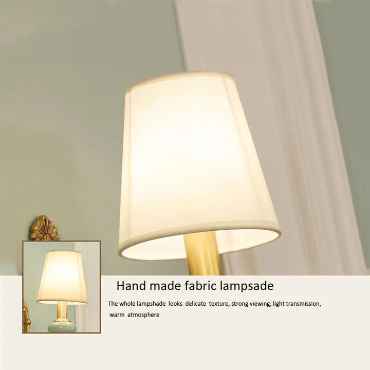 Close-up of the handmade fabric lampshade emitting warm light