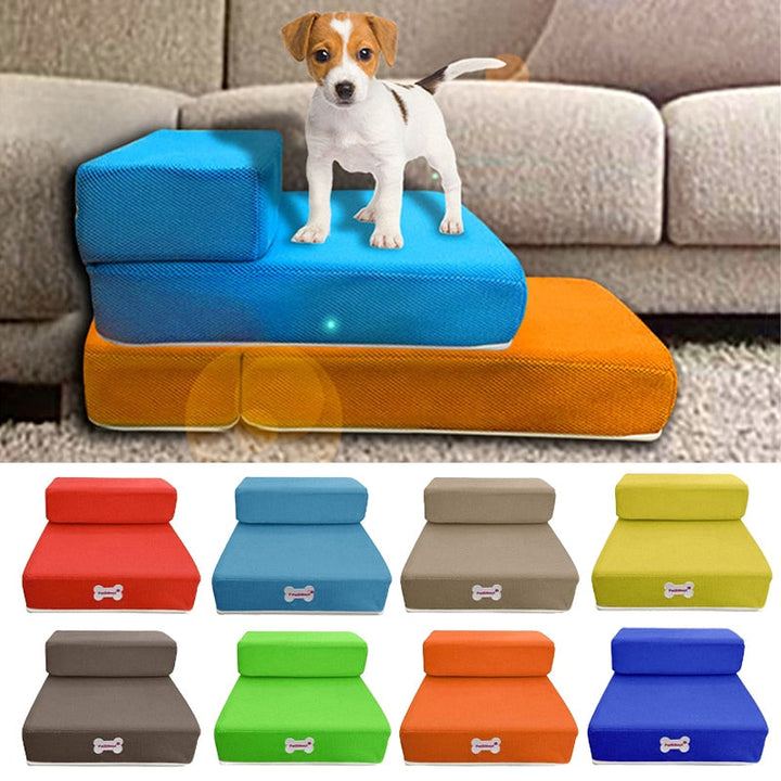 Small puppy on blue and orange pet stairs with color swatches displayed below