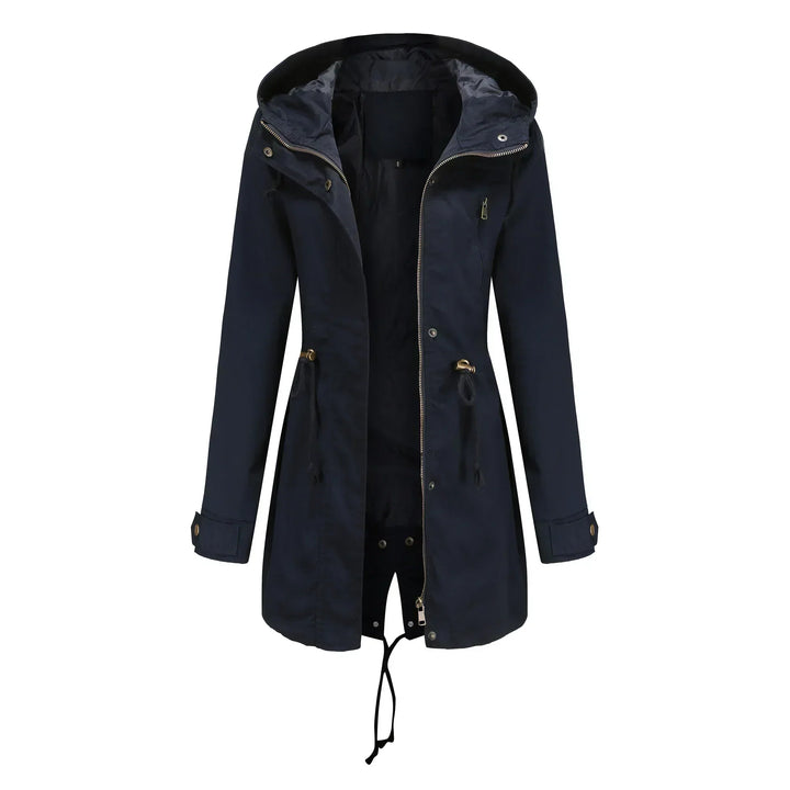 Detail of hood and zipper closure on lightweight fall coat