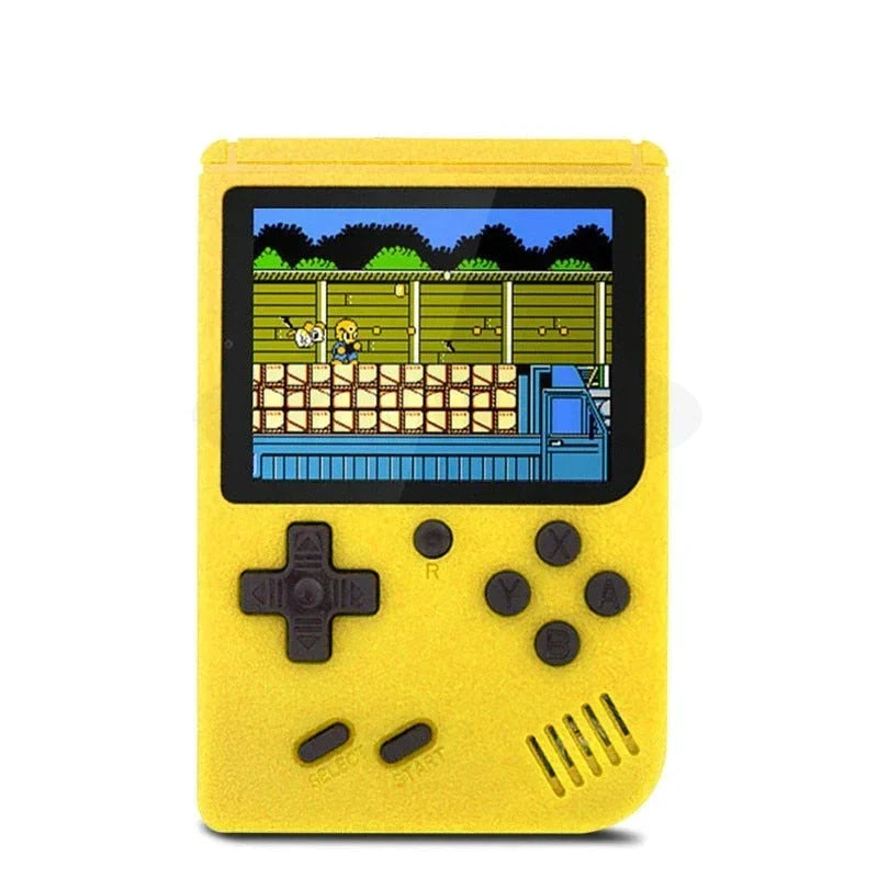 Yellow retro handheld video games console showing gameplay screen