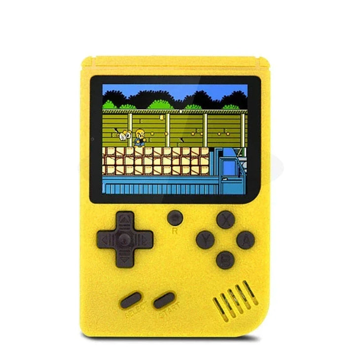 Yellow retro handheld video games console showing gameplay screen