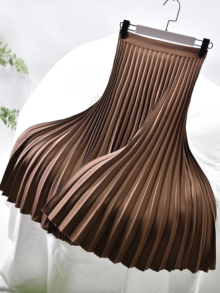 Back view of women's elastic waist pleated skirt for office wear
