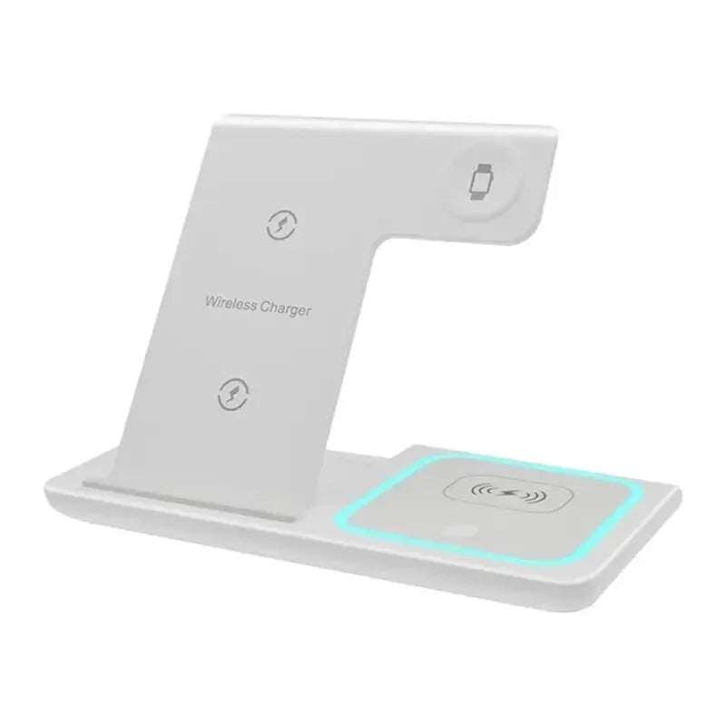 Close-up of smart watch magnetic charging module on white 3-in-1 stand