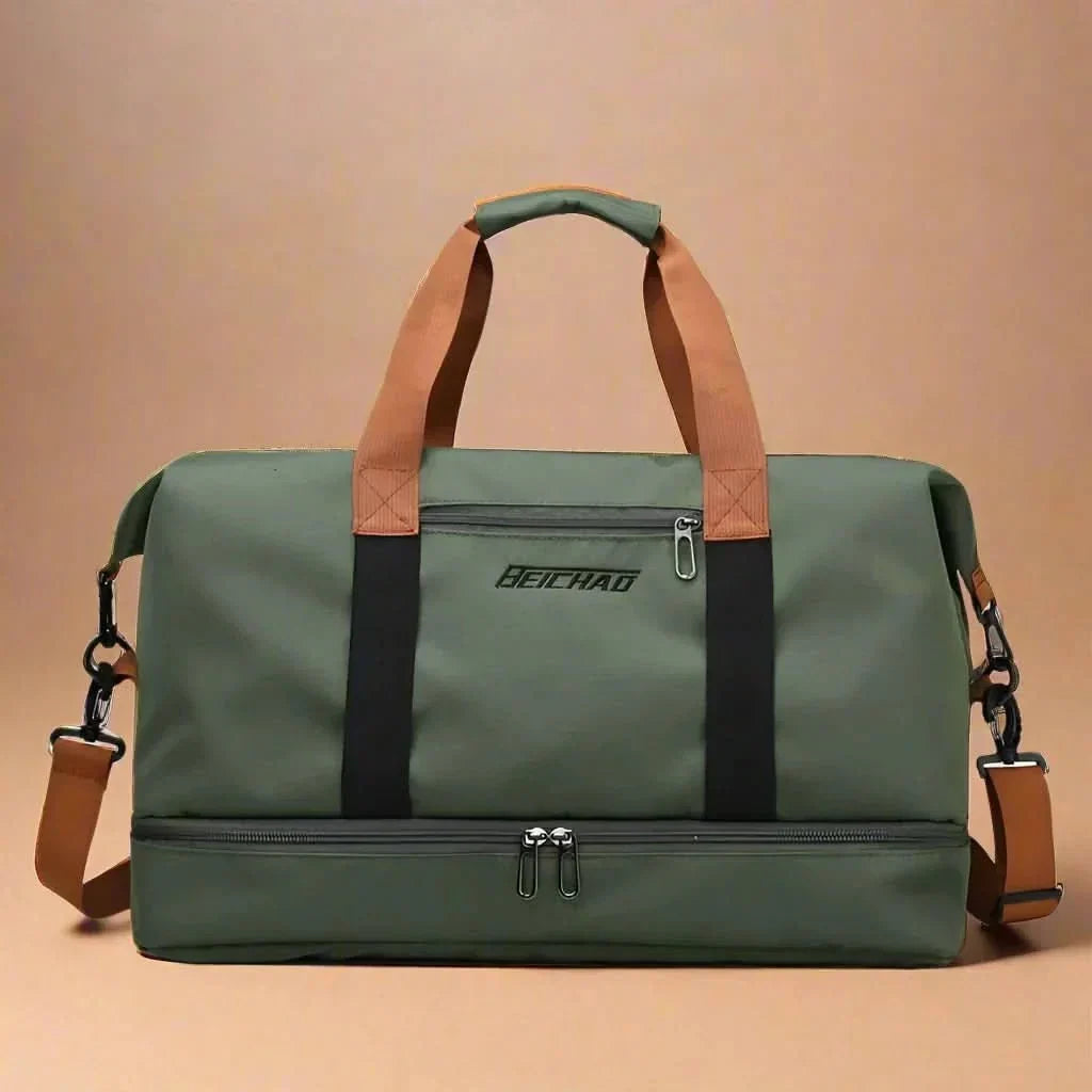 Military green travel duffel bag with shoe compartment