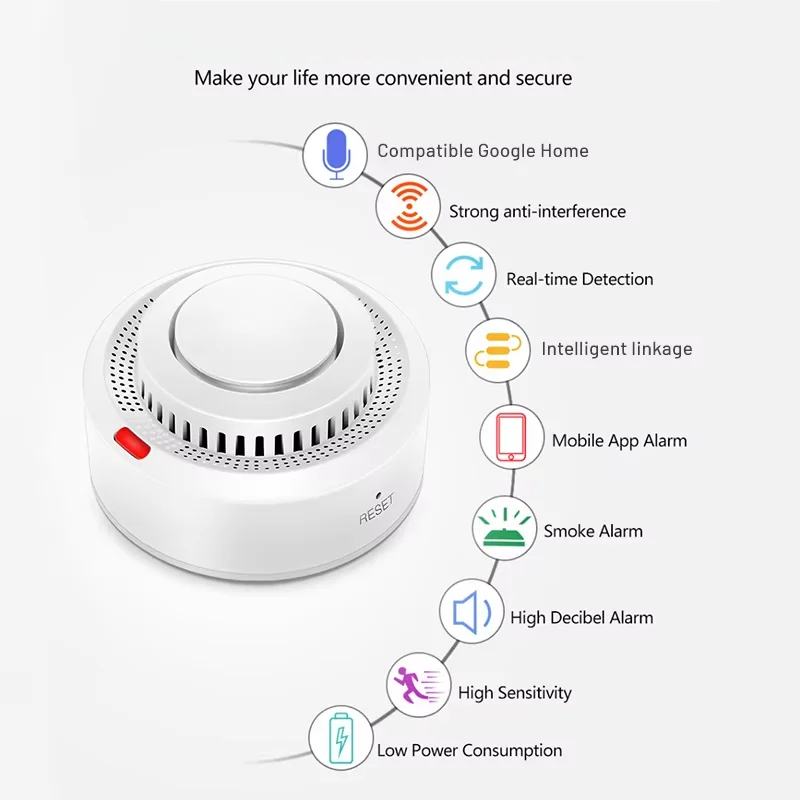 Smart home safety device smoke detector showing test button and alarm speaker